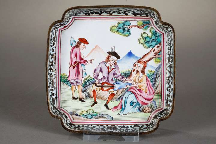 Small square dish Canton enamels on copper and little cup European figures decor